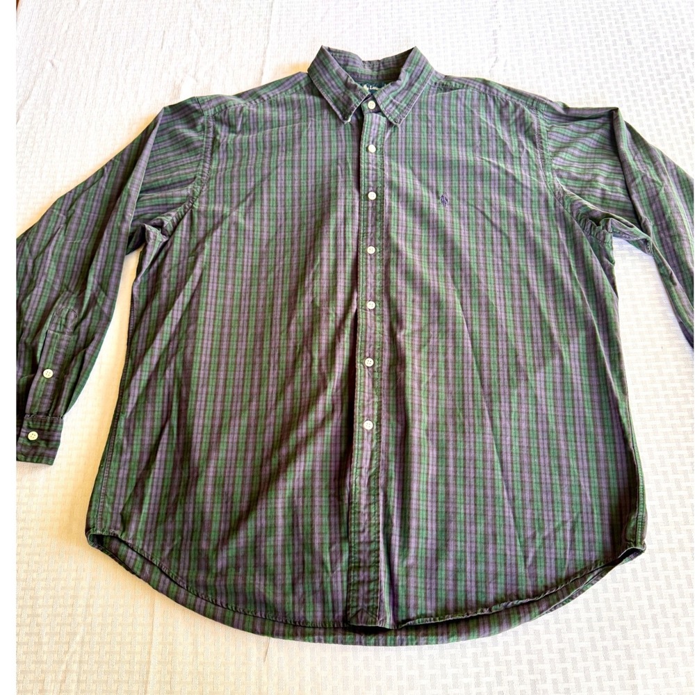 Ralph Lauren Blake Shirt Mens XL Green Purple Plaid Cotton Long Sleeve Button Up
